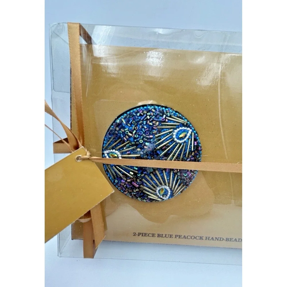 The Bombay Co Blue Peacock Hand Beaded Mirror And Trinket Box Gift Set New